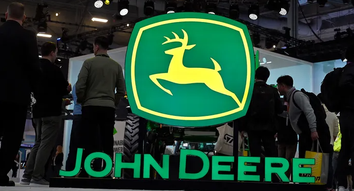John Deere signage is displayed at CES 2023 at the Las Vegas Convention Center Jan. 6, 2023, in Las Vegas.