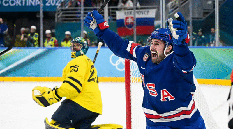 Dylan Larkin of Team United States celebrates a goal during the Ice Hockey Men Quarterfinals match between United States vs Sweden on day twelve of the Milano Cortina 2026 Winter Olympic games at Milano Santa Giulia Ice Hockey Arena on February 18, 2026 in Milan, Italy.
