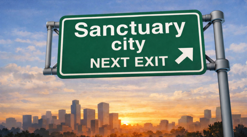 Sanctuary city sign at sunset