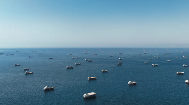 A drone view shows vessels at the Strait of Hormuz, as seen from Musandam, Oman