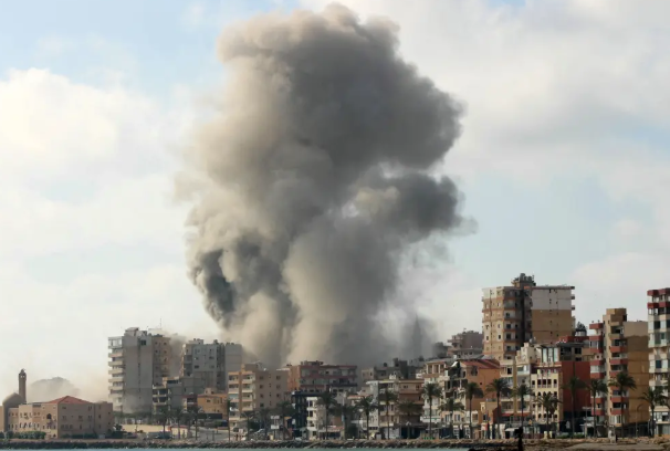 Smoke rising from buildings in Tyre, Lebanon after an Israeli strike on June 7, 2026