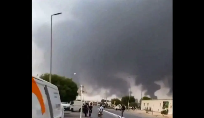 Clouds of smoke rising after strikes on the Saudi Aramco refinery in Jizan, Saudi Arabia
