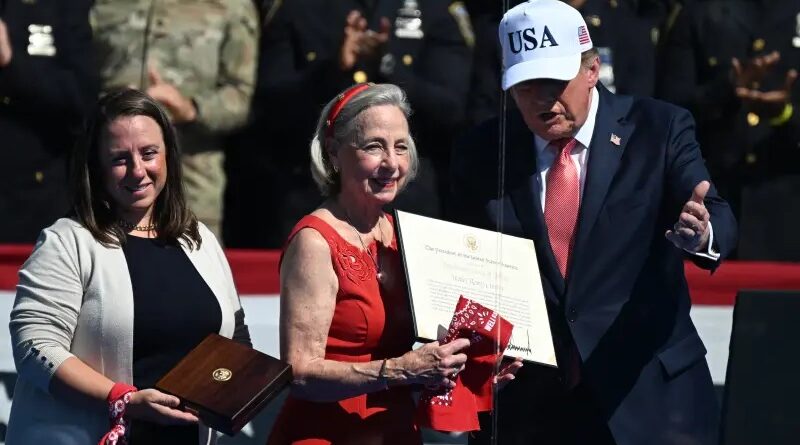 President Trump presents the Presidential Medal of Freedom to Alison Crowther, on behalf of her son Welles Remy Crowther, and to Paige Crowther, Welles’ sister